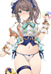 Rule 34 | 1girl, aqua bow, aqua bowtie, aqua eyes, blue bow, blue footwear, blue hat, blush, bow, bowtie, breasts, brown hair, cleft of venus, closed mouth, collared shirt, commentary, cowboy shot, erubusubori, hair bow, hand up, hat, highres, holding, holding microphone, hololive, hololive idol uniform (bright), jacket, leg up, medium hair, microphone, mini hat, natsuiro matsuri, navel, nose blush, open clothes, open jacket, panties, puffy short sleeves, puffy sleeves, pussy, see-through, see-through panties, shirt, short sleeves, side-tie panties, side ponytail, small breasts, solo, standing, standing on one leg, string panties, thigh strap, underwear, variant set, virtual youtuber, white jacket, white panties, white shirt, wrist cuffs