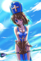 Rule 34 | 1girl, :p, alternate costume, bad id, blue eyes, breasts, brown hair, cleavage, cosplay, day, dragon quest, dragon quest iii, gloves, hair ornament, hat, highres, large breasts, lyrical nanoha, mahou shoujo lyrical nanoha, mahou shoujo lyrical nanoha strikers, mitre, naked tabard, one eye closed, priest (dq3), priest (dq3) (cosplay), san-pon, sky, solo, tabard, tongue, tongue out, wink, x hair ornament, yagami hayate