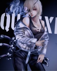 Rule 34 | 1girl, bad id, bad twitter id, bare shoulders, chainsaw man, cigarette, collarbone, denim, denim jacket, expressionless, eyepatch, highres, jacket, looking at viewer, quanxi (chainsaw man), shirt, silver hair, sleeveless, sleeveless shirt, smoke, smoking, solo, sword, tank top, unworn jacket, weapon