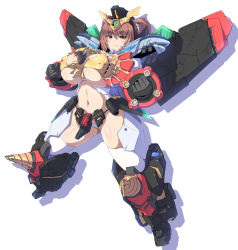 Rule 34 | 1girl, bikini, breasts, brown eyes, brown hair, cleavage, clenched hand, closed mouth, covered erect nipples, fang, gaogaigar, highres, huge breasts, mecha musume, navel, personification, sankakukin gear, simple background, swimsuit, thighhighs, twintails, white background, white thighhighs, yuusha series