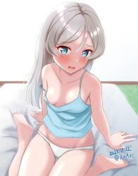Rule 34 | 1girl, ame-san, bed, blue camisole, blue eyes, breasts, camisole, collarbone, commentary request, dated, grey hair, highres, javelin (kancolle), kantai collection, long hair, looking at viewer, panties, sitting, small breasts, solo, strap slip, twitter username, underwear, underwear only, wariza, white panties