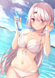 Rule 34 | 1girl, bare arms, bare shoulders, bikini, blue sky, blurry, blush, bottle, breasts, cleavage, closed mouth, cloud, cloudy sky, collarbone, day, depth of field, dutch angle, front-tie bikini top, front-tie top, groin, hair behind ear, hair ornament, hair ribbon, tucking hair, hairclip, hands up, highres, holding, holding bottle, large breasts, light purple hair, long hair, looking at viewer, navel, nijisanji, ocean, outdoors, pink bikini, pink eyes, ramune, ribbon, shiina yuika, side-tie bikini bottom, sky, solo, standing, swimsuit, thighs, very long hair, virtual youtuber, water, yuuri nayuta