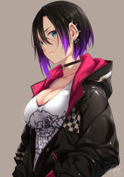 Rule 34 | 1girl, absurdres, black choker, black hair, black jacket, breasts, brown background, choker, cleavage, closed mouth, collarbone, commentary request, dated, ear piercing, earrings, from side, grabbing, green eyes, hair between eyes, highres, hood, hooded jacket, hoodie, jacket, jewelry, large breasts, looking at viewer, multicolored clothes, multicolored hair, multicolored jacket, original, piercing, pink jacket, purple hair, re lucy, revision, shirt, short hair, signature, simple background, solo, two-sided fabric, two-sided jacket, two-tone hair, upper body, white shirt