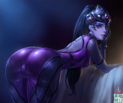 Rule 34 | 1girl, absurdres, arm support, ass, backless outfit, bent over, bodysuit, breasts, colored skin, gloves, highres, huge ass, leaning, leaning forward, limgae, long hair, looking at viewer, overwatch, overwatch 1, ponytail, purple hair, purple skin, shiny clothes, shiny skin, sideboob, skin tight, smile, solo, very long hair, widowmaker (overwatch), yellow eyes