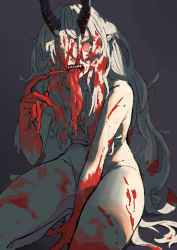 Rule 34 | 1girl, absurdres, blood, blood on face, claws, colored skin, female focus, hair over one eye, highres, horns, long hair, long tongue, looking at viewer, messy hair, monster girl, navel, nude, original, pointy ears, purple background, red eyes, sekisouseki, solo, tongue, tongue out, white hair, white skin