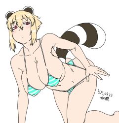 Rule 34 | 1girl, all fours, animal ears, araiguma-san, bikini, bikini tug, blonde hair, blush, breasts, commentary request, covered erect nipples, dated, expressionless, large breasts, looking at viewer, navel, original, raccoon ears, raccoon girl, raccoon tail, red eyes, short hair, sidelocks, signature, skindentation, solo, striped bikini, striped clothes, striped tail, swimsuit, tail, tsukudani (coke-buta), white background