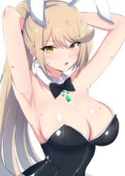 Rule 34 | 1girl, absurdres, animal ears, armpit focus, armpits, bare shoulders, black leotard, blonde hair, blush, breasts, chest jewel, cleavage, core crystal (xenoblade), detached collar, earrings, fake animal ears, headpiece, highres, jewelry, large breasts, latte, leotard, long hair, looking at viewer, mythra (xenoblade), playboy bunny, rabbit ears, strapless, strapless leotard, swept bangs, tiara, upper body, very long hair, xenoblade chronicles (series), xenoblade chronicles 2, yellow eyes
