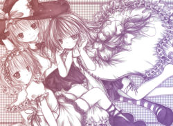 Rule 34 | 3girls, alice margatroid, apron, bad id, bad pixiv id, blush, brown theme, dress, dutch angle, female focus, hat, kasuga sunao, kirisame marisa, long hair, looking at viewer, monochrome, multiple girls, patchouli knowledge, puffy short sleeves, puffy sleeves, short sleeves, touhou, very long hair, waist apron, wallpaper, witch hat