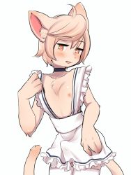 Rule 34 | 1boy, animal ear fluff, animal ears, apron, blonde hair, blush, body fur, brown eyes, bulge, cat ears, cat tail, choker, furry, furry male, grey background, highres, jitome, maid apron, male focus, nipples, niwa (niwa827), original, parted lips, short hair, simple background, solo, tail, thighhighs, trap, white thighhighs