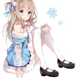 Rule 34 | 1girl, bare shoulders, black footwear, blue bow, blue dress, blue eyes, blush, bow, closed mouth, commentary request, dress, fur-trimmed dress, fur trim, girls&#039; frontline, hair between eyes, hair bow, light brown hair, long hair, long sleeves, looking at viewer, mary janes, nahaki, off-shoulder dress, off shoulder, official alternate costume, one side up, pom pom (clothes), shoes, simple background, smile, snowflakes, solo, suomi (girls&#039; frontline), suomi (korvatunturi pixie) (girls&#039; frontline), thighhighs, very long hair, white background, white thighhighs