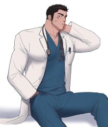 Rule 34 | 1boy, bara, doctor, facial hair, feet out of frame, highres, ina (ina29ana), lab coat, large pectorals, light blush, long sideburns, looking at viewer, male focus, mature male, muscular, muscular male, original, pectoral cleavage, pectorals, sideburns, sideburns stubble, sitting, solo, sparse chest hair, stubble, thick eyebrows, tsurime