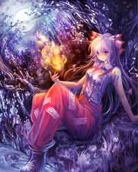 Rule 34 | 1girl, arm support, bad id, bad pixiv id, boots, cross-laced footwear, cuby (dondoriansama), fire, forest, fujiwara no mokou, full moon, hair ribbon, light particles, long hair, looking at viewer, moon, nature, night, ofuda, outdoors, pants, reclining, red eyes, ribbon, smile, solo, suspenders, torn clothes, torn sleeves, touhou, tress ribbon, very long hair, white hair