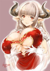 Rule 34 | 10s, 1girl, alicia (granblue fantasy), artist name, blush, breasts, center opening, cleavage, dated, draph, dress, earrings, gloves, granblue fantasy, horns, huge breasts, jewelry, long hair, looking at viewer, open mouth, pointy ears, red eyes, shimao kazu, silver hair, simple background, solo, sweatdrop, white gloves