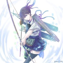 Rule 34 | 1girl, arrow (projectile), black thighhighs, bow (weapon), breasts, brown hair, flight deck, gradient background, hakama, hakama short skirt, hakama skirt, japanese clothes, kaga (kancolle), kantai collection, large breasts, miniskirt, muneate, one-hour drawing challenge, quiver, rigging, side ponytail, skirt, solo, tasuki, thighhighs, weapon, yomi (yomi14 pyaon)