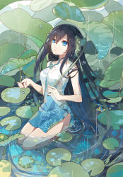 Rule 34 | 1girl, black hair, blue eyes, china dress, chinese clothes, dress, flower, fre (haochilanzuo), in water, kaku-san-sei million arthur, lily pad, long hair, looking up, lotus, million arthur (series), parted lips, partially submerged, puddle, rain, seiza, short dress, sitting, sleeveless, sleeveless dress, solo, very long hair, water
