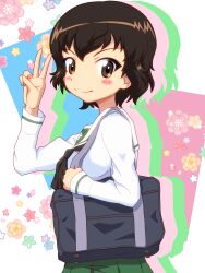 Rule 34 | 1girl, absurdres, bag, black neckerchief, blouse, blush stickers, brown eyes, brown hair, caesar (girls und panzer), carrying, closed mouth, commentary, floral background, from side, girls und panzer, gogopaint, highres, long sleeves, looking at viewer, neckerchief, no scarf, ooarai school uniform, sailor collar, school bag, school uniform, serafuku, shirt, short hair, silhouette, smile, solo, v, white sailor collar, white shirt