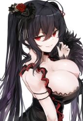 Rule 34 | 1girl, 7gao, ahoge, arm strap, azur lane, black dress, black hair, breasts, cleavage, collarbone, dress, flower, from side, hair flower, hair ornament, heart, heart hair ornament, highres, large breasts, long hair, looking at viewer, looking to the side, naughty face, parted lips, red eyes, red flower, simple background, sleeveless, sleeveless dress, smile, solo, suggestive fluid, taihou (azur lane), taihou (muse) (azur lane), twintails, very long hair, white background
