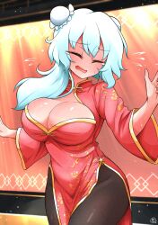Rule 34 | 1girl, blush, breasts, china dress, chinese clothes, cleavage, closed eyes, commentary request, dress, highres, large breasts, long hair, merlin prismriver, open mouth, scavia10, shiny skin, solo, sweat, sweatdrop, tearing up, thighs, touhou, white hair