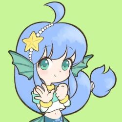 Rule 34 | 1girl, aqua eyes, blue hair, blush, chibi, closed mouth, green background, hair ornament, long hair, looking at viewer, lowres, madou monogatari, mermaid, monster girl, non-web source, ponytail, puyopuyo, serilly (puyopuyo), simple background, smile, solo, source request, star (symbol)