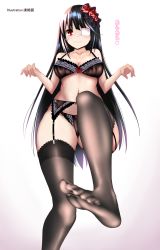 Rule 34 | 1girl, absurdres, ass, bare shoulders, black hair, black panties, breasts, cleavage, commentary, date a live, english commentary, eyepatch, feet, flower, garter belt, garter straps, hair flower, hair ornament, highres, incro300, lolita fashion, long hair, medium breasts, navel, no shoes, panties, red eyes, smile, soles, solo, thighhighs, thighs, toes, tokisaki kurumi, underwear, underwear only, very long hair