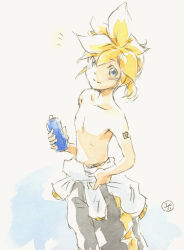 Rule 34 | 1boy, ^^^, black shorts, blonde hair, blue eyes, bottle, closed mouth, clothes around waist, collarbone, commentary, epoxy putty, feet out of frame, from above, hand on own hip, holding, holding bottle, kagamine len, looking at viewer, looking up, male focus, painting (medium), shirt, shirt around waist, topless male, short hair, short ponytail, shorts, shoulder tattoo, smile, solo, spiked hair, tattoo, traditional media, vocaloid, water bottle, watercolor (medium), white shirt