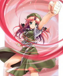 Rule 34 | 1girl, braid, china dress, chinese clothes, clenched hand, clenched hands, dress, female focus, green eyes, hat, hong meiling, immaterial and missing power, katahira masashi, long hair, red hair, solo, touhou, twin braids