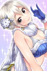Rule 34 | 10s, 1girl, :3, arched back, ass, black eyes, blonde hair, blue gloves, breasts, chain, cleavage, crop top, earrings, fox shadow puppet, fur trim, gloves, hair ornament, head tilt, heart, idolmaster, idolmaster cinderella girls, jewelry, leaf hair ornament, looking at viewer, scarf, shiomi syuko, short hair, smile, solo, sparkle, trente