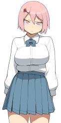 Rule 34 | &gt;:(, 1girl, accio, anger vein, angry, bad id, bad pixiv id, breasts, dress shirt, frown, hair ornament, hairclip, large breasts, looking at viewer, original, pink eyes, pink hair, pleated skirt, school uniform, shirt, short hair, simple background, skirt, solo, tsurime, v-shaped eyebrows