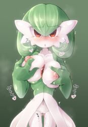 Rule 34 | 1girl, blush, bob cut, breasts, breath, censored, collarbone, colored skin, cowboy shot, creatures (company), empty eyes, female focus, female masturbation, game freak, gardevoir, gen 3 pokemon, gluteal fold, grabbing own breast, green background, green hair, green skin, green theme, groin, hair between eyes, hands up, heart, heavy breathing, highres, japanese text, large breasts, looking at viewer, masturbation, mosaic censoring, multicolored skin, navel, nintendo, nipple stimulation, nipple tweak, nipples, nose blush, open mouth, pokemon, pokemon (creature), pussy, pussy juice, red eyes, seven pear, short hair, simple background, solo, spoken heart, standing, steam, steaming body, straight-on, translation request, trembling, tweaking own nipple, two-tone skin, white skin