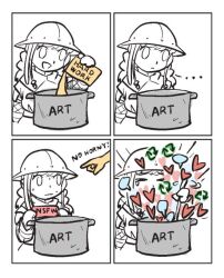 Rule 34 | 1girl, 4koma, closed eyes, comic, commentary, cooking pot, cropped torso, english commentary, hat, heart, ironlily, label, light frown, like and retweet, limited palette, original, pointing, sketch, smile, speech bubble, stirring, sweat, tears