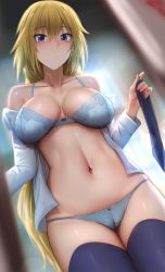 Rule 34 | 1girl, bare shoulders, blonde hair, blue bra, blue eyes, blue panties, blush, bra, breasts, cameltoe, cleavage, cleft of venus, closed mouth, fate/apocrypha, fate (series), ginhaha, highres, jeanne d&#039;arc (fate), jeanne d&#039;arc (ruler) (fate), large breasts, long hair, long sleeves, looking at viewer, navel, off shoulder, open clothes, open shirt, panties, solo, thighhighs, thighs, underwear, very long hair