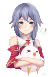 Rule 34 | 1girl, absurdres, animal, bare shoulders, bird, black hair, blue eyes, chicken, china dress, chinese clothes, closed mouth, detached sleeves, dress, feathers, fu hua, hair between eyes, highres, hn (honyori ta), holding, holding animal, honkai (series), honkai impact 3rd, looking at viewer, red sleeves, short sleeves, simple background, smile, solo, speech bubble, white background