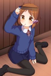 Rule 34 | 10s, 1girl, ahoge, black pantyhose, blush, brown eyes, brown hair, candy wrapper, food, food in mouth, hair ornament, highres, loafers, long sleeves, makino kanna, mouth hold, muku (muku-coffee), pantyhose, pocky, ruler, school uniform, shoes, short hair, sitting, sleeves past wrists, solo, sweater, tamako market, wariza