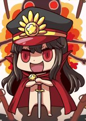 Rule 34 | &gt;:d, 1girl, :d, april fools, black hair, chibi, convenient censoring, fate/grand order, fate (series), hat, katana, koha-ace, long hair, nude, oda nobunaga (fate), oda nobunaga (koha-ace), open mouth, red eyes, riyo (lyomsnpmp), smile, solo, sword, v-shaped eyebrows, weapon