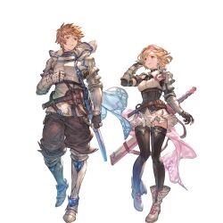 Rule 34 | 1boy, 1girl, armor, belt, blonde hair, boots, breastplate, breasts, brown eyes, brown hair, brown pants, collarbone, djeeta (granblue fantasy), dress, full body, gauntlets, gran (granblue fantasy), granblue fantasy, hairband, highres, holding, holding sword, holding weapon, juliet sleeves, leg up, legs apart, long sleeves, looking at viewer, male focus, medium breasts, minaba hideo, official art, pants, pink dress, pointing, pointing at viewer, puffy sleeves, rebelwear (granblue fantasy), scabbard, sheath, short dress, short hair, smile, standing, sword, thigh boots, thighhighs, transparent background, weapon, wide stance, zettai ryouiki