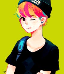 Rule 34 | 1boy, artist name, backpack, bag, beanie, black shirt, commentary, english commentary, green background, hat, highres, looking at viewer, male focus, mole, mole above mouth, one eye closed, original, pink hair, routexx, shirt, short sleeves, simple background, solo, tongue, tongue out, upper body