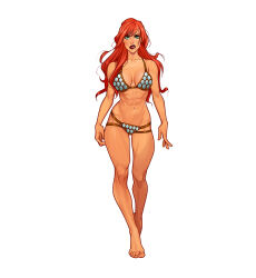 1girl abs armor barefoot bikini bikini_armor breasts full_body green_eyes highres long_hair looking_at_viewer medium_breasts navel olena_minko red_hair red_sonja red_sonja_(comics) simple_background solo standing swimsuit toned_female white_background