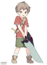 Rule 34 | 1boy, arakokra, brown eyes, brown hair, child, commentary, fantasy, heavy, highres, hilt, looking down, male focus, original, red shirt, shirt, shorts, socks, solo, solo focus, sword, weapon, white background