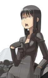 Rule 34 | 00s, 1girl, adjusting clothes, arm support, black gloves, black hair, brown eyes, dennou coil, glasses, gloves, go robots, harakawa tamako, long hair, motor vehicle, motorcycle, open mouth, rimless eyewear, simple background, skin tight, solo, teeth, vehicle