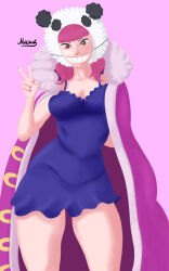 Rule 34 | 1girl, breasts, cape, charlotte poire, dress, happy, hat, highres, large breasts, looking to the side, one piece, pink hair, pointing, sharp teeth, teeth, thick thighs, thighs