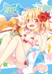Rule 34 | 10s, 1girl, 2015, :d, ball, beachball, bikini, blonde hair, bow, english text, fang, flandre scarlet, flower, food, hair flower, hair ornament, hibiscus, holding, ice cream, ice cream cone, innertube, mimi (mimi puru), nail polish, no headwear, open mouth, outline, pink bikini, pink nails, polka dot, red bow, red eyes, scrunchie, seashell, shell, short hair, side ponytail, simple background, smile, solo, star (symbol), starfish, starry background, striped bikini, striped clothes, swim ring, swimsuit, touhou, transparent, wings, wrist scrunchie