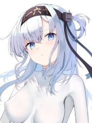 Rule 34 | 1girl, black headband, blue eyes, bodysuit, calin, commentary request, covered collarbone, hachimaki, headband, impossible bodysuit, impossible clothes, kantai collection, long hair, looking at viewer, one side up, simple background, solo, suzutsuki (kancolle), upper body, white background, white bodysuit, white hair