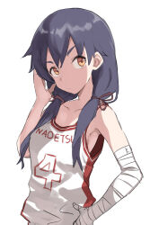Rule 34 | 1girl, absurdres, bandaged arm, bandaged hand, bandages, bare shoulders, black hair, brown eyes, closed mouth, collarbone, commentary request, gazacy (dai), hair over shoulder, highres, kanbaru suruga, long hair, looking at viewer, low twintails, monogatari (series), simple background, solo, tank top, thick eyebrows, twintails, upper body, v-shaped eyebrows, white background, white tank top