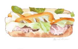 Rule 34 | aon968, artist name, bell pepper, bell pepper slice, bread, food, food focus, lettuce, meat, no humans, original, painting (medium), pastrami, realistic, sandwich, signature, simple background, still life, traditional media, watercolor (medium), white background