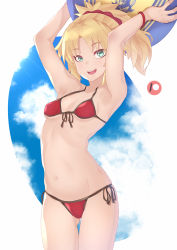 Rule 34 | 1girl, arms up, bad id, bad pixiv id, ball, beachball, bikini, blonde hair, blue sky, cloud, cowboy shot, darahan, day, fate/apocrypha, fate/grand order, fate (series), front-tie bikini top, front-tie top, green eyes, hair ornament, hair scrunchie, looking at viewer, mordred (fate), mordred (fate) (all), mordred (fate/apocrypha), mordred (swimsuit rider) (fate), mordred (swimsuit rider) (first ascension) (fate), ponytail, red bikini, red scrunchie, scrunchie, side-tie bikini bottom, sky, solo, swimsuit