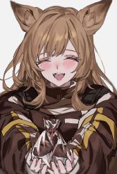 Rule 34 | 1girl, :d, animal ears, aogisa, arknights, blush, brown hair, ceobe (arknights), closed eyes, commentary, cupcake, dog ears, facing viewer, fangs, food, gift, highres, holding, holding food, long hair, long sleeves, open mouth, simple background, smile, solo, symbol-only commentary, upper body, white background