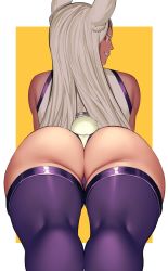 Rule 34 | 1girl, animal ear fluff, animal ears, ass, bad id, bad twitter id, bare shoulders, boku no hero academia, clothing cutout, colored eyelashes, dark-skinned female, dark skin, foreshortening, from behind, half-closed eyes, halterneck, heattech leotard, highres, kneepits, legs together, long hair, lying, mirko, on stomach, orange background, outside border, parted bangs, purple thighhighs, rabbit ears, rabbit girl, rabbit tail, red eyes, solo, suwaiya, swept bangs, tail, tail through clothes, thighhighs, thighs, turtleneck, very long hair, white hair, yellow background