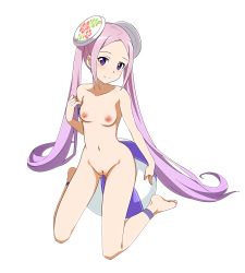 Rule 34 | 10s, 1girl, barefoot, blush, breasts, feet, female focus, highres, kneeling, long hair, looking at viewer, navel, nipples, nude, nude filter, pink hair, purple eyes, pussy, small breasts, solo, sword art online, sword art online: code register, third-party edit, twintails, uncensored, very long hair, white background, xam, xam (sao)