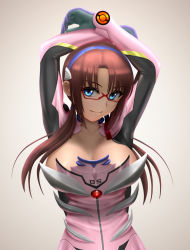 Rule 34 | 1girl, arm up, blue eyes, breasts, cleavage, glasses, hairband, highres, large breasts, long hair, looking at viewer, makinami mari illustrious, neon genesis evangelion, open clothes, plugsuit, rebuild of evangelion, sideboob, siraha, smile, solo, undressing