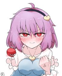 Rule 34 | 1girl, :&gt;, angry, blouse, blue shirt, blush, commentary request, eyeball, frilled shirt collar, frills, hair between eyes, hairband, heart, highres, komeiji satori, long sleeves, looking at viewer, medium hair, purple hair, red eyes, scavia10, shirt, simple background, solo, sweatdrop, touhou, v-shaped eyebrows, white background, wide sleeves